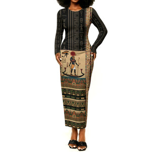 Egyptian God Ra Long Sleeve Bodycon Dress Ancient Mythology Solar Barque Falcon
