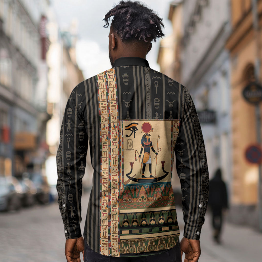 Egyptian God Ra Long Sleeve Button Shirt Ancient Mythology Solar Barque Falcon