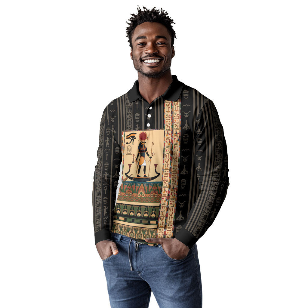 Egyptian God Ra Long Sleeve Polo Shirt Ancient Mythology Solar Barque Falcon