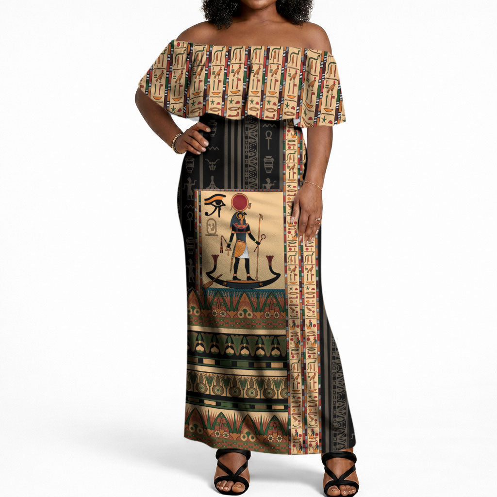 Egyptian God Ra Off Shoulder Maxi Dress Ancient Mythology Solar Barque Falcon