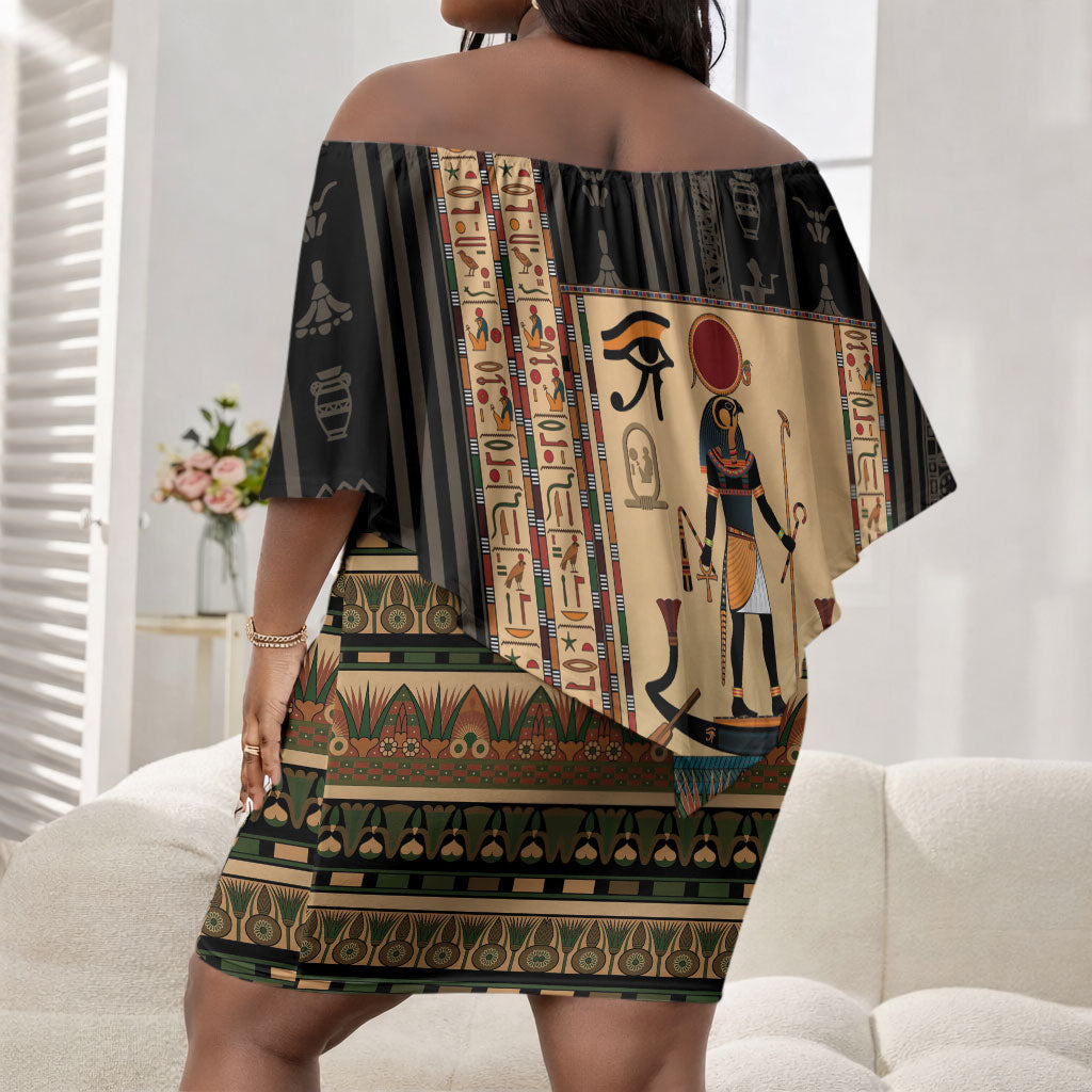 Egyptian God Ra Off Shoulder Short Dress Ancient Mythology Solar Barque Falcon