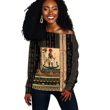 Egyptian God Ra Off Shoulder Sweater Ancient Mythology Solar Barque Falcon