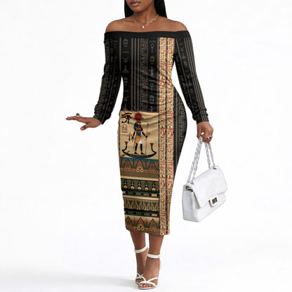 Egyptian God Ra Off The Shoulder Long Sleeve Dress Ancient Mythology Solar Barque Falcon