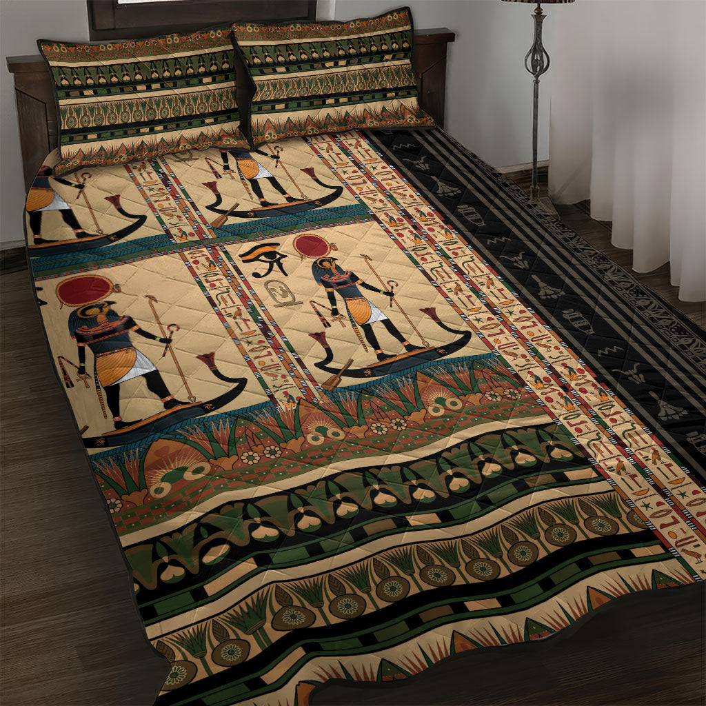 Egyptian God Ra Quilt Bed Set Ancient Mythology Solar Barque Falcon
