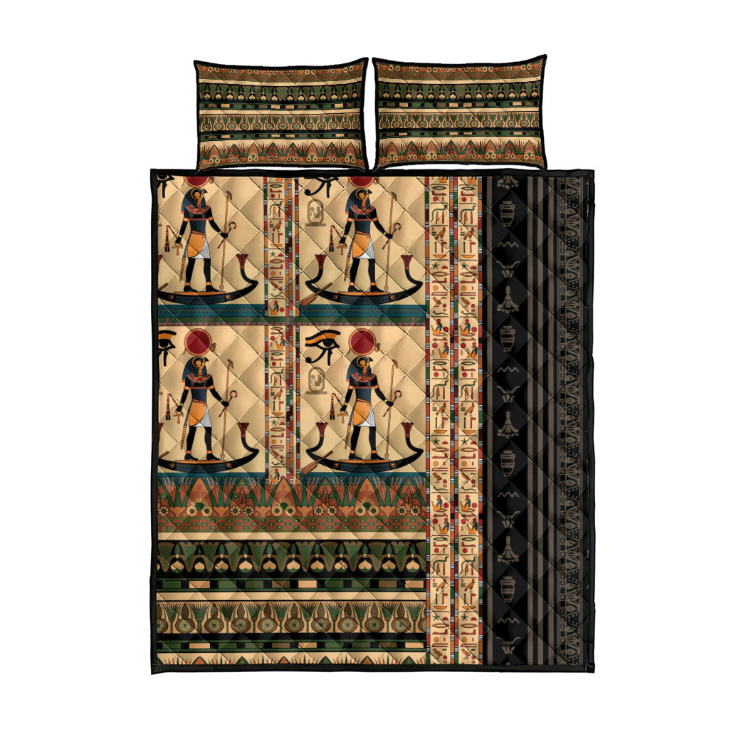 Egyptian God Ra Quilt Bed Set Ancient Mythology Solar Barque Falcon
