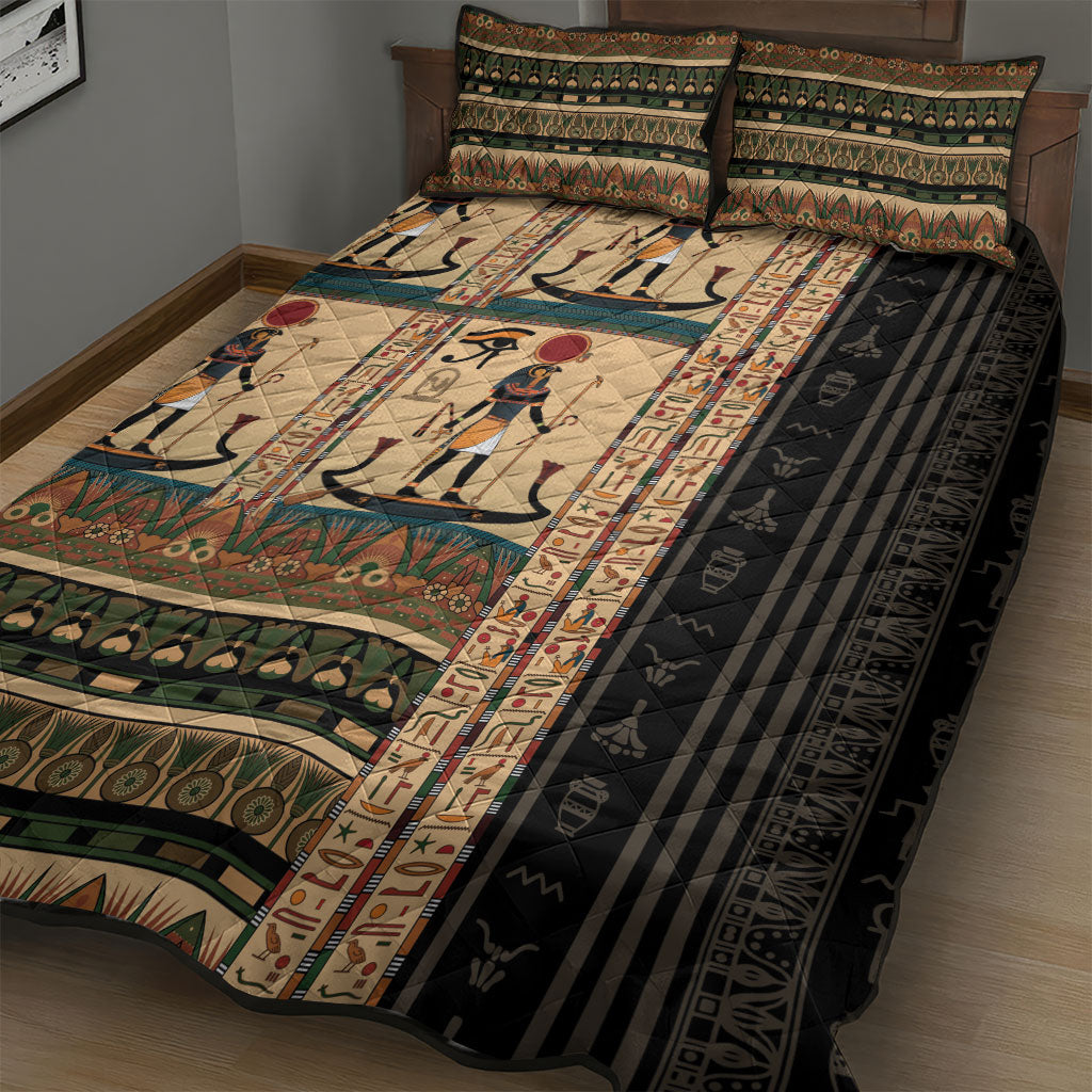 Egyptian God Ra Quilt Bed Set Ancient Mythology Solar Barque Falcon