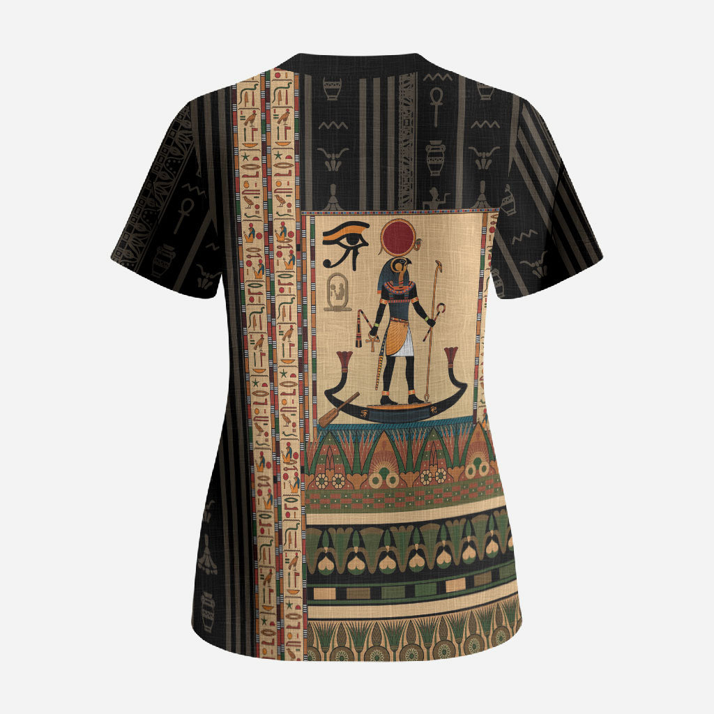 Egyptian God Ra Scrub Top Ancient Mythology Solar Barque Falcon