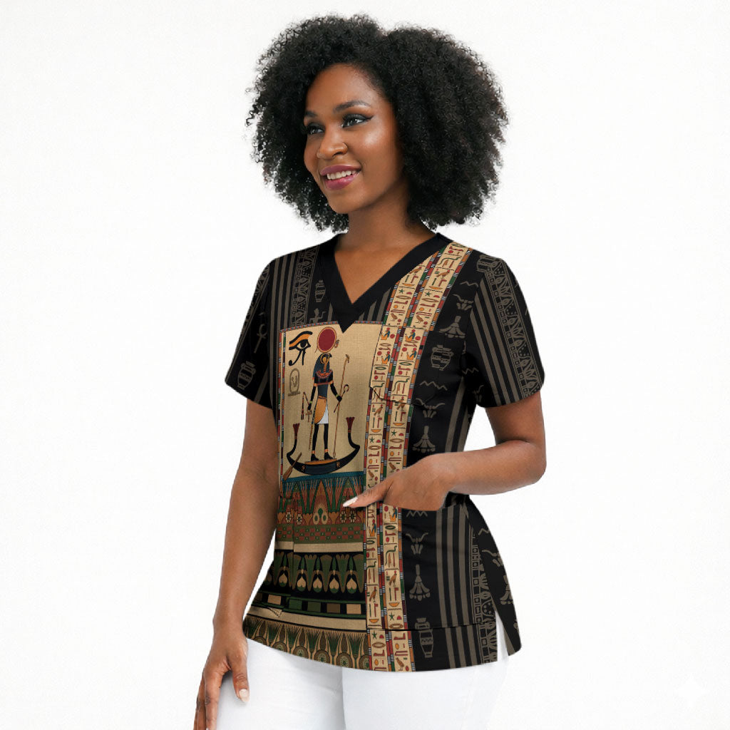 Egyptian God Ra Scrub Top Ancient Mythology Solar Barque Falcon