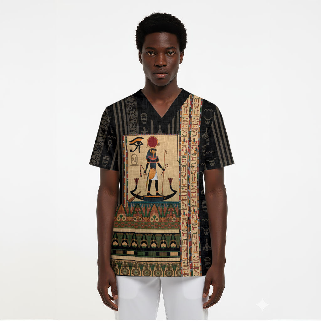 Egyptian God Ra Scrub Top Ancient Mythology Solar Barque Falcon