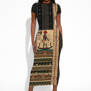 Egyptian God Ra Short Sleeve Bodycon Dress Ancient Mythology Solar Barque Falcon