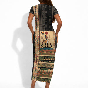Egyptian God Ra Short Sleeve Bodycon Dress Ancient Mythology Solar Barque Falcon