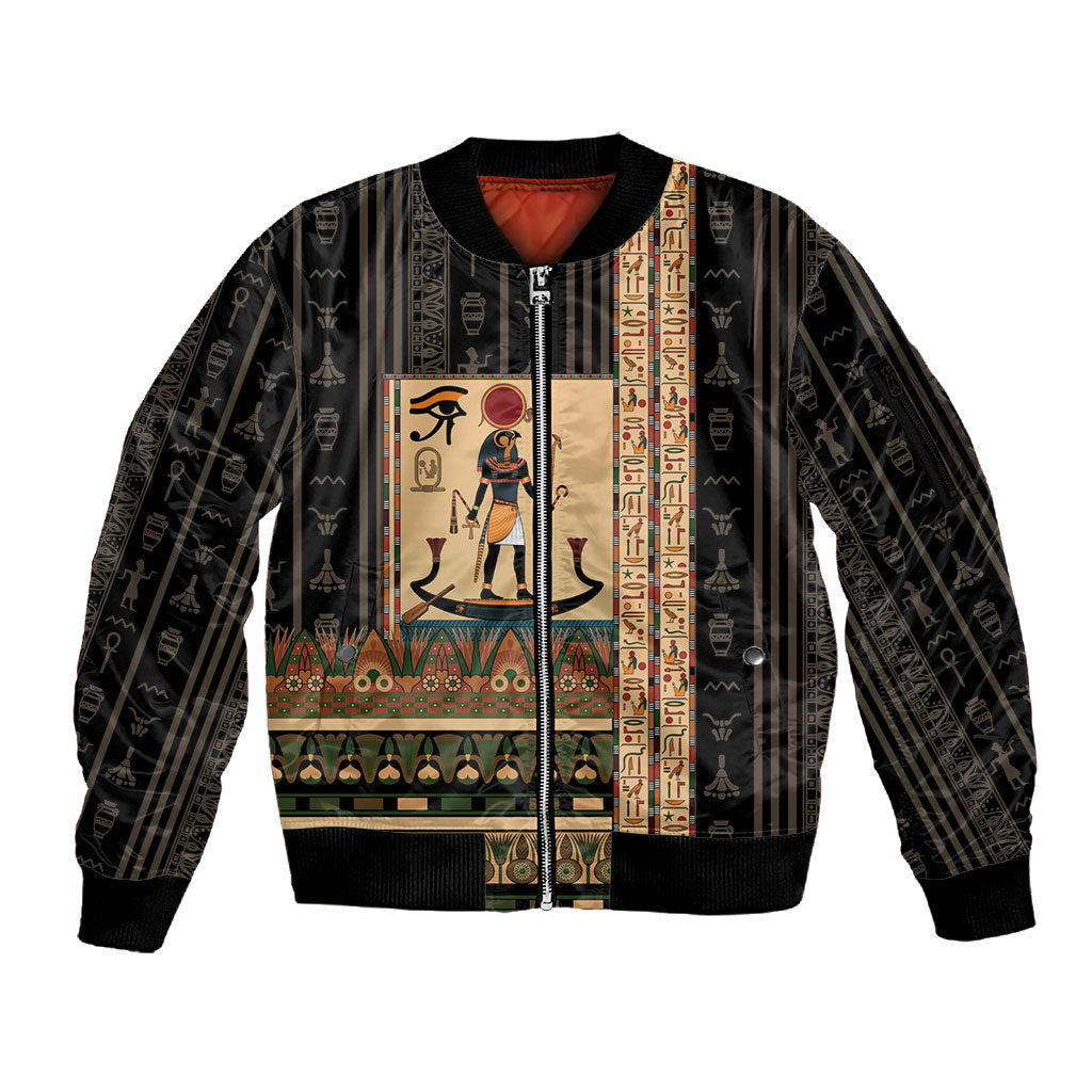 Egyptian God Ra Sleeve Zip Bomber Jacket Ancient Mythology Solar Barque Falcon