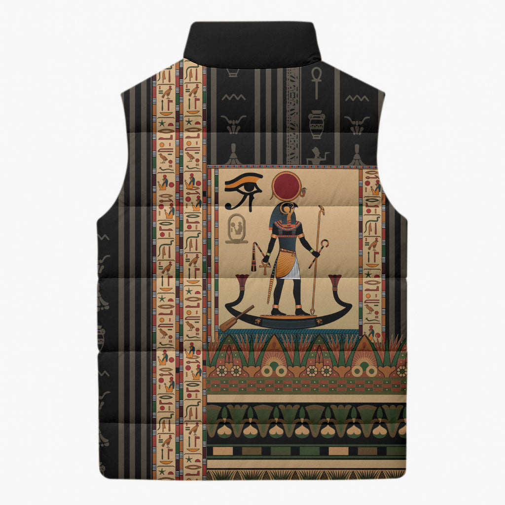 Egyptian God Ra Sleeveless Puffer Jacket Ancient Mythology Solar Barque Falcon
