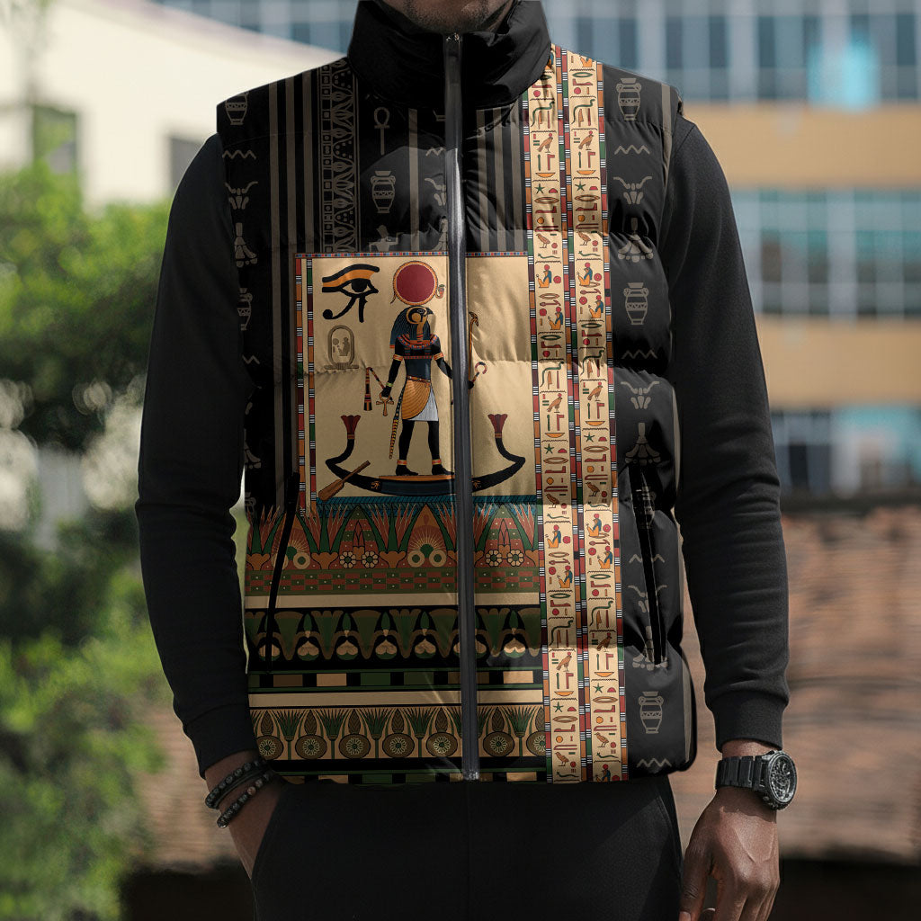 Egyptian God Ra Sleeveless Puffer Jacket Ancient Mythology Solar Barque Falcon