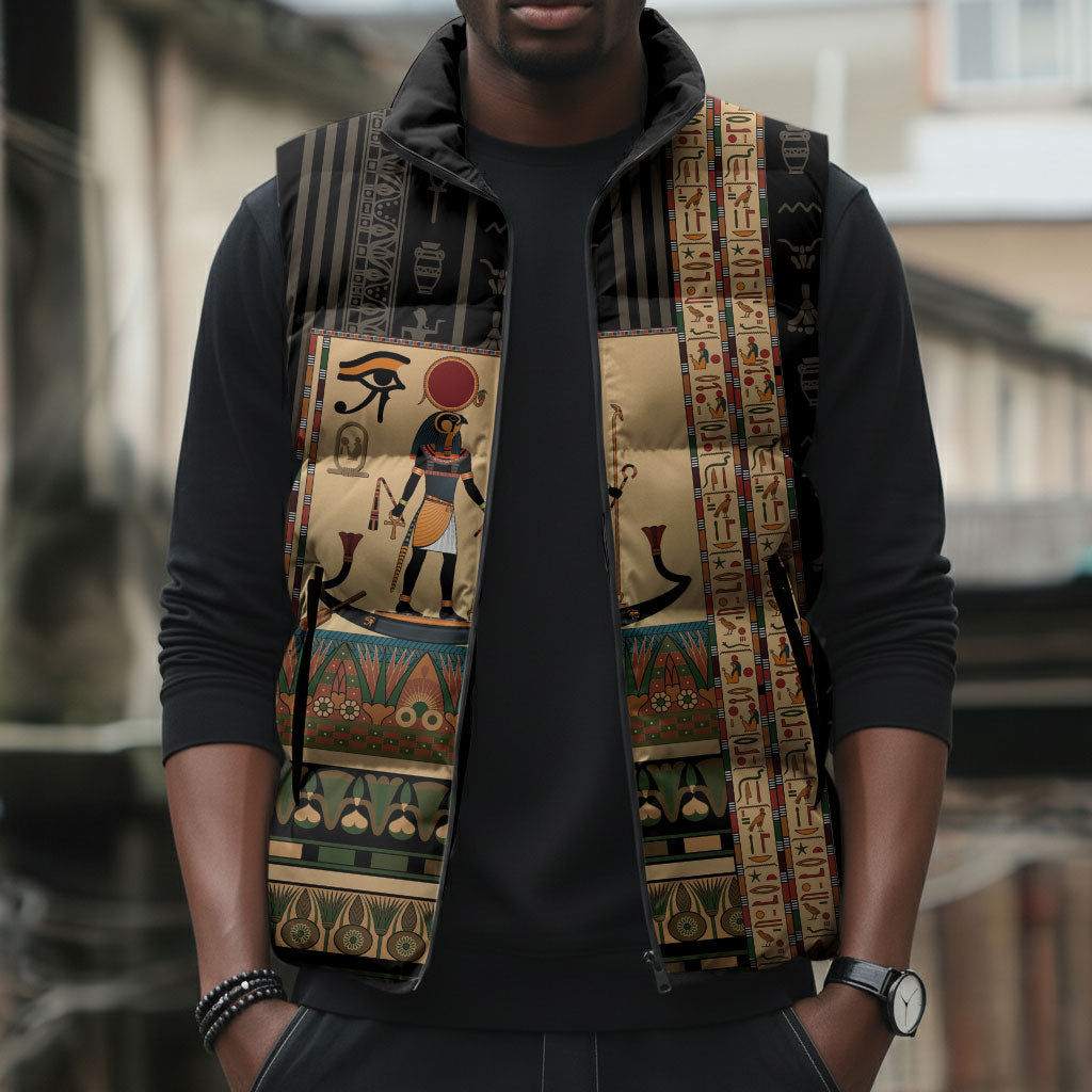 Egyptian God Ra Sleeveless Puffer Jacket Ancient Mythology Solar Barque Falcon