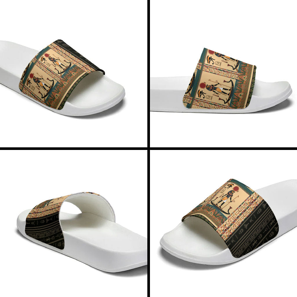Egyptian God Ra Slide Sandals Ancient Mythology Solar Barque Falcon