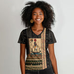 Egyptian God Ra Women V-Neck T-Shirt Ancient Mythology Solar Barque Falcon