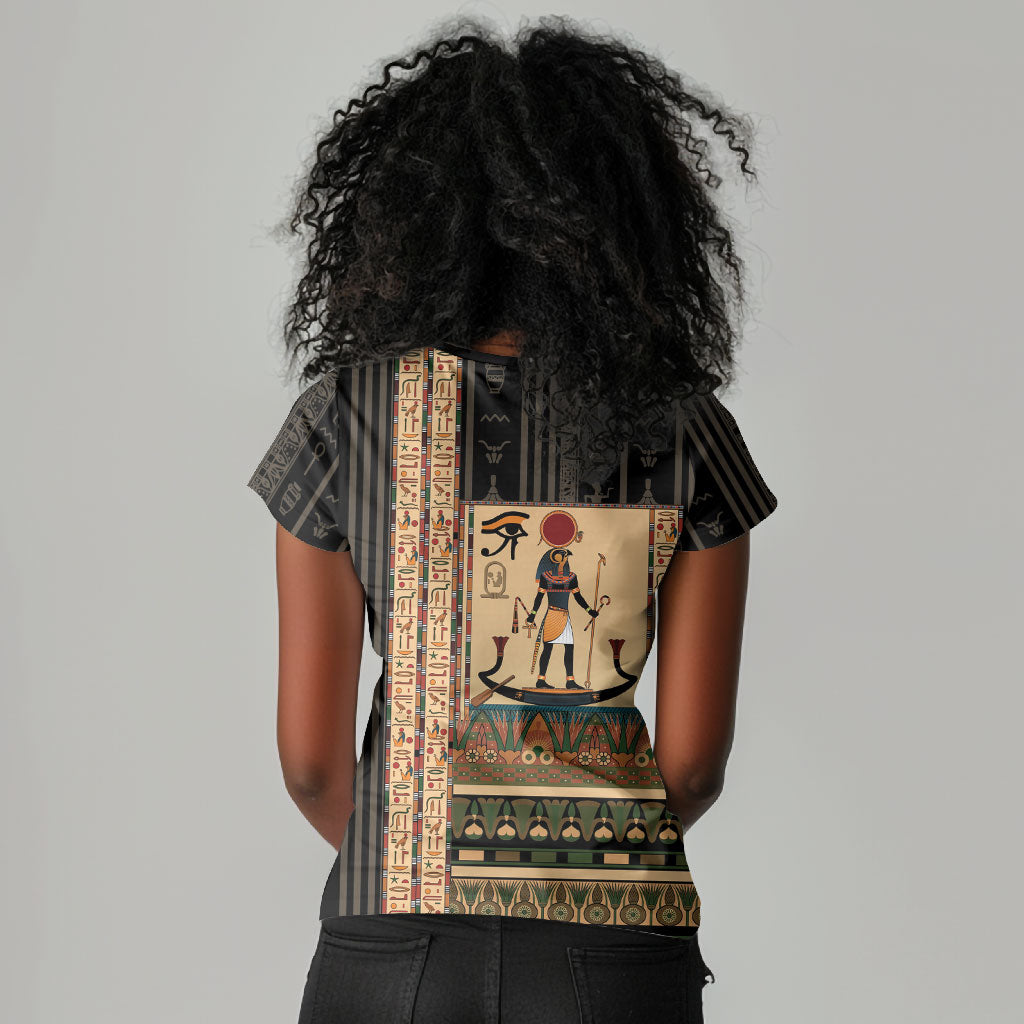 Egyptian God Ra Women V-Neck T-Shirt Ancient Mythology Solar Barque Falcon