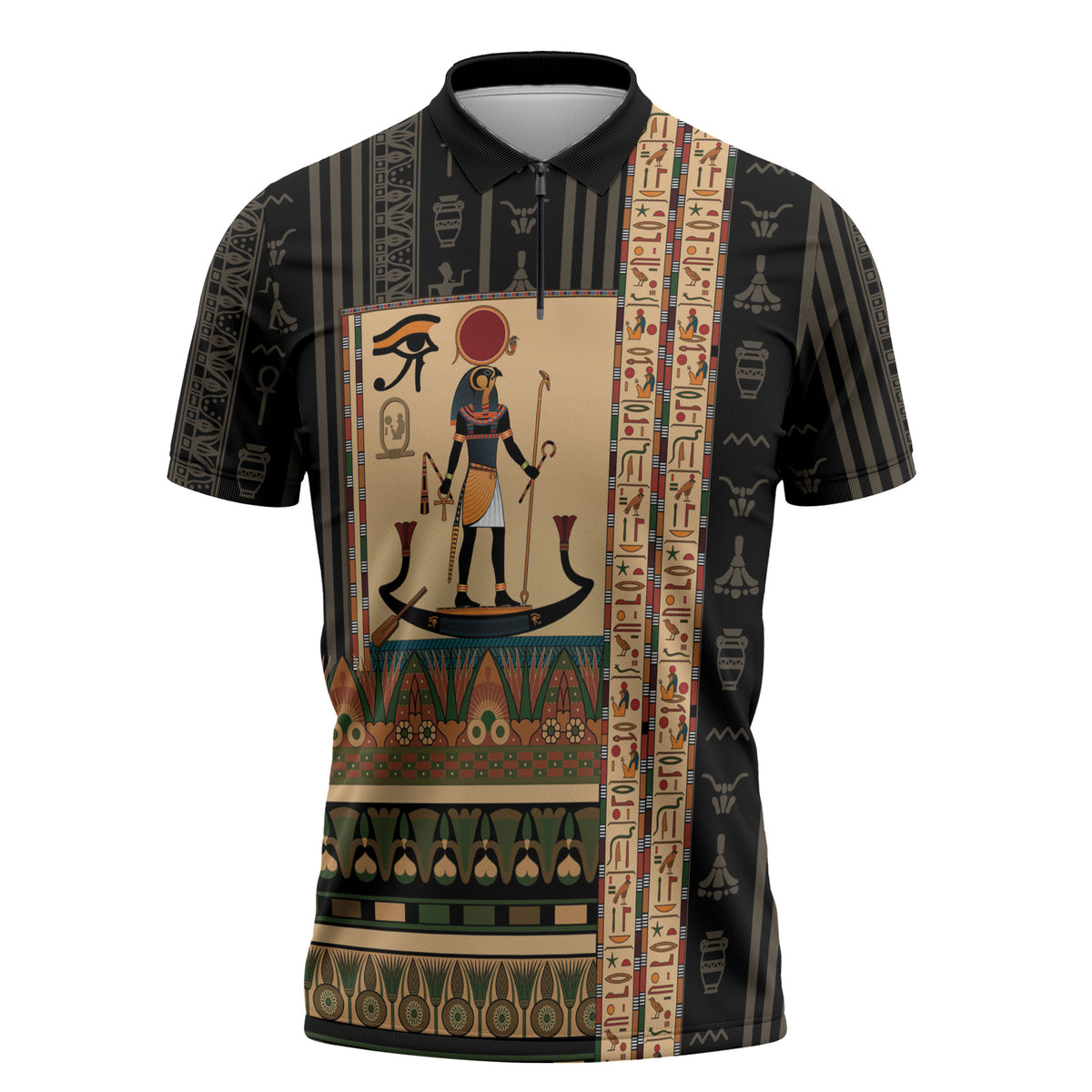 Egyptian God Ra Zipper Polo Shirt Ancient Mythology Solar Barque Falcon