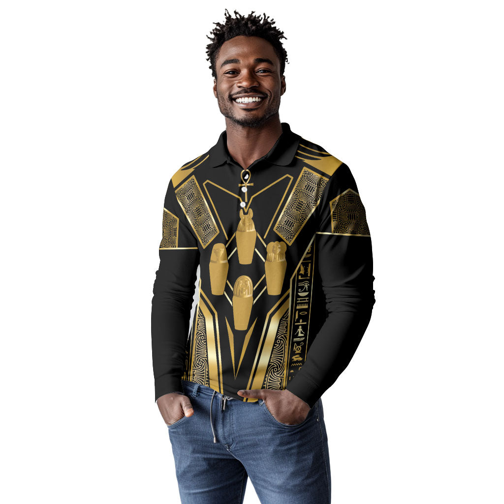 Egypt Canopic Jars Long Sleeve Polo Shirt Ancient Mythology Four Sons of Horus