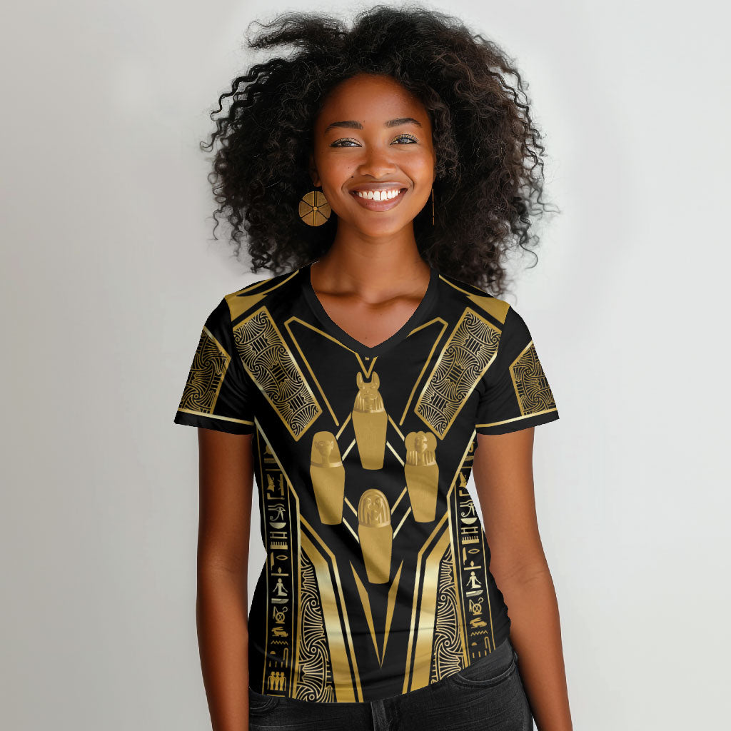 Egypt Canopic Jars Women V-Neck T-Shirt Ancient Mythology Four Sons of Horus