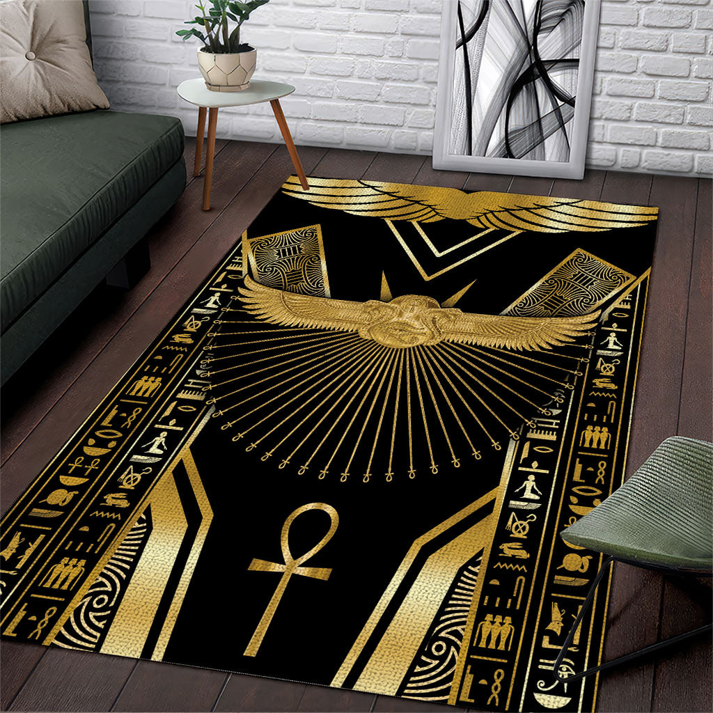 Egypt Winged Sun Area Rug Ancient Mythology Golden Ankh