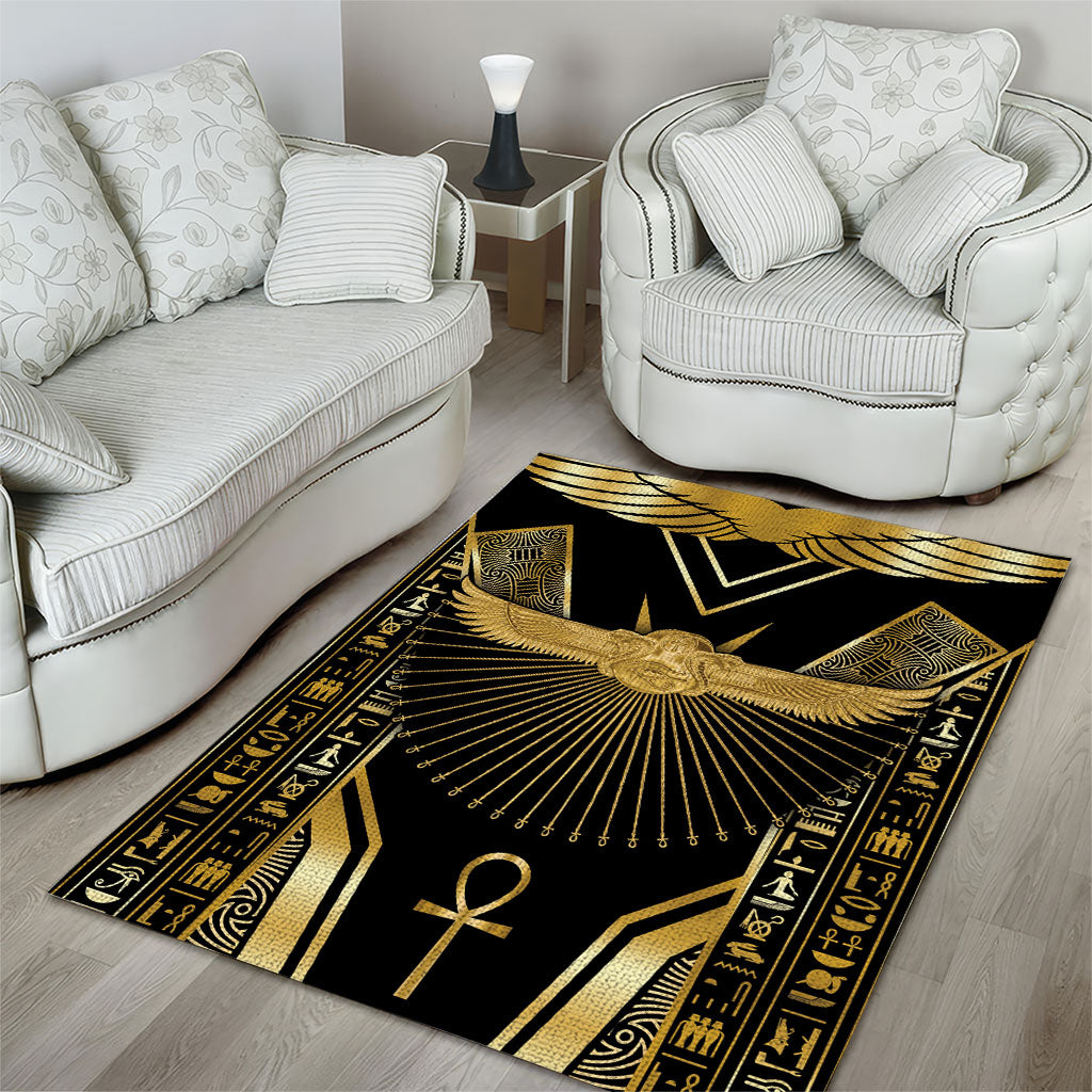 Egypt Winged Sun Area Rug Ancient Mythology Golden Ankh