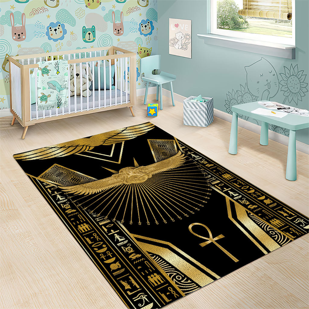 Egypt Winged Sun Area Rug Ancient Mythology Golden Ankh