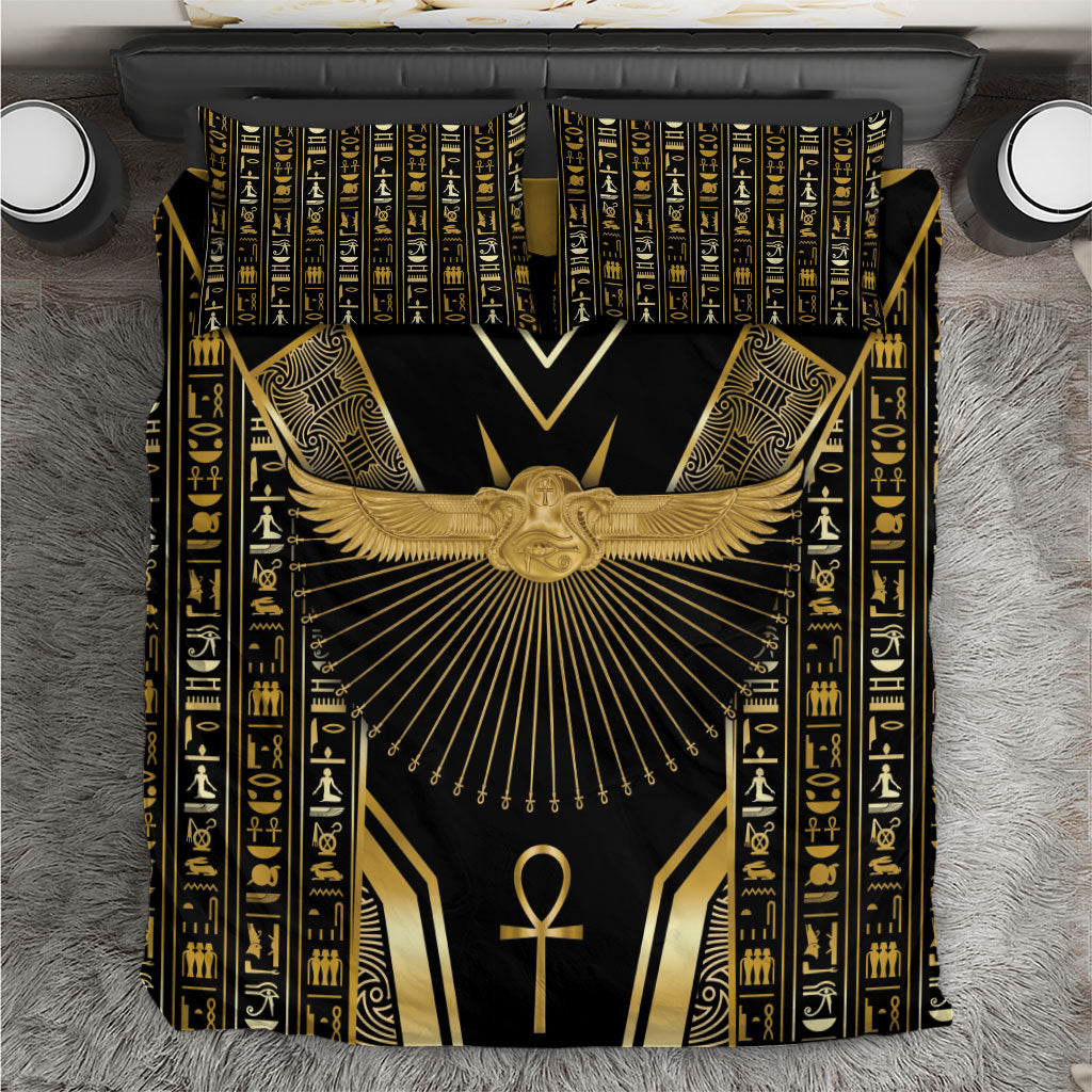 Egypt Winged Sun Bedding Set Ancient Mythology Golden Ankh