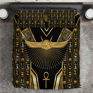 Egypt Winged Sun Bedding Set Ancient Mythology Golden Ankh