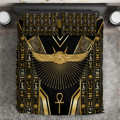 Egypt Winged Sun Bedding Set Ancient Mythology Golden Ankh
