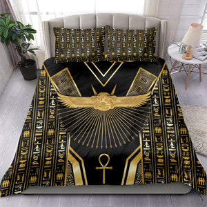 Egypt Winged Sun Bedding Set Ancient Mythology Golden Ankh