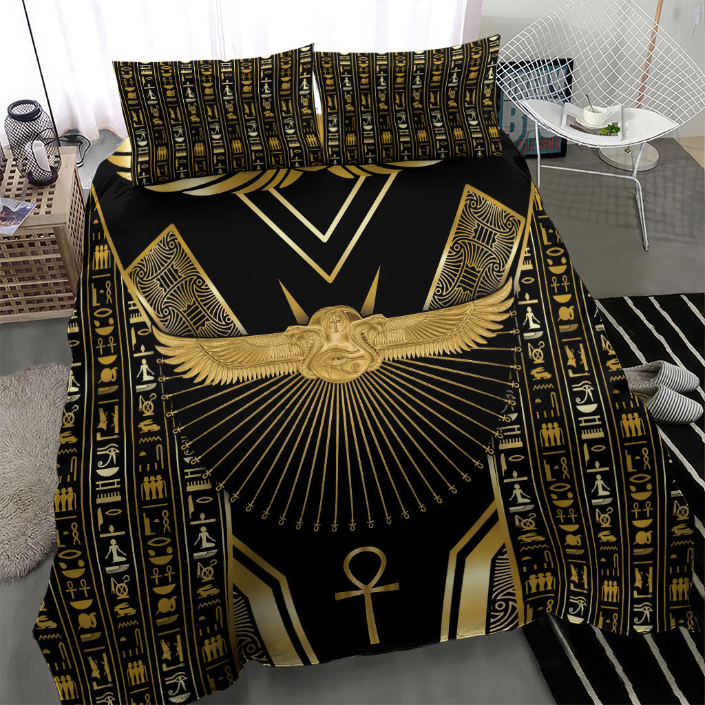 Egypt Winged Sun Bedding Set Ancient Mythology Golden Ankh
