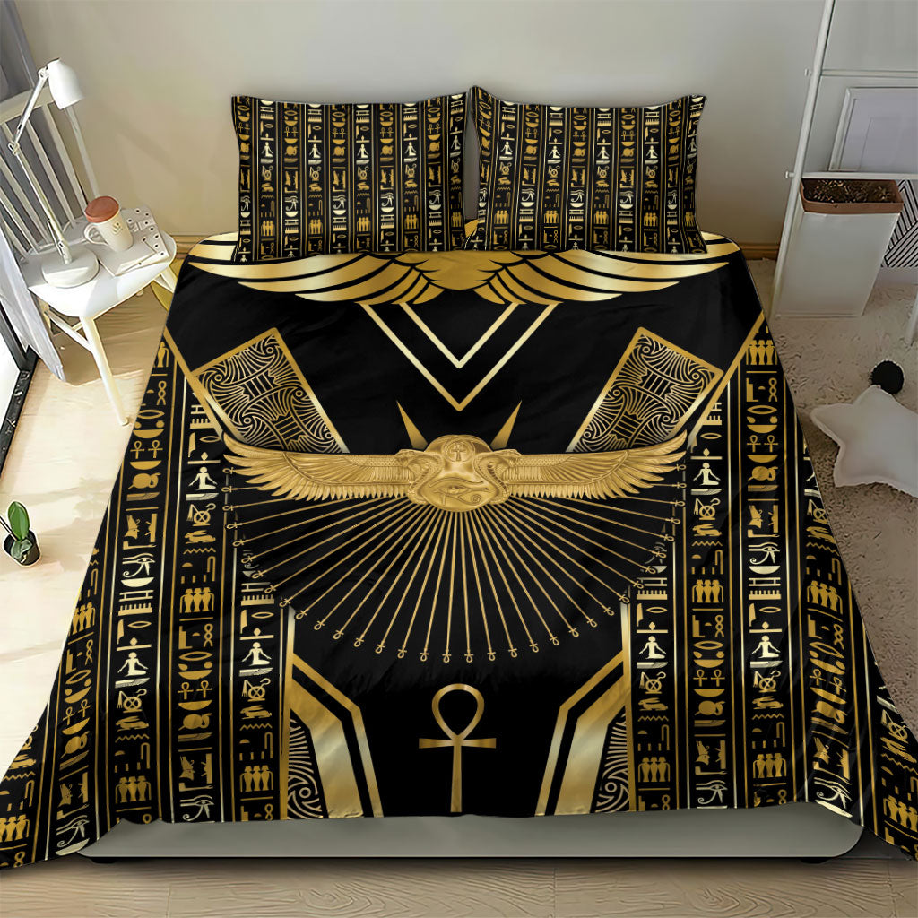 Egypt Winged Sun Bedding Set Ancient Mythology Golden Ankh