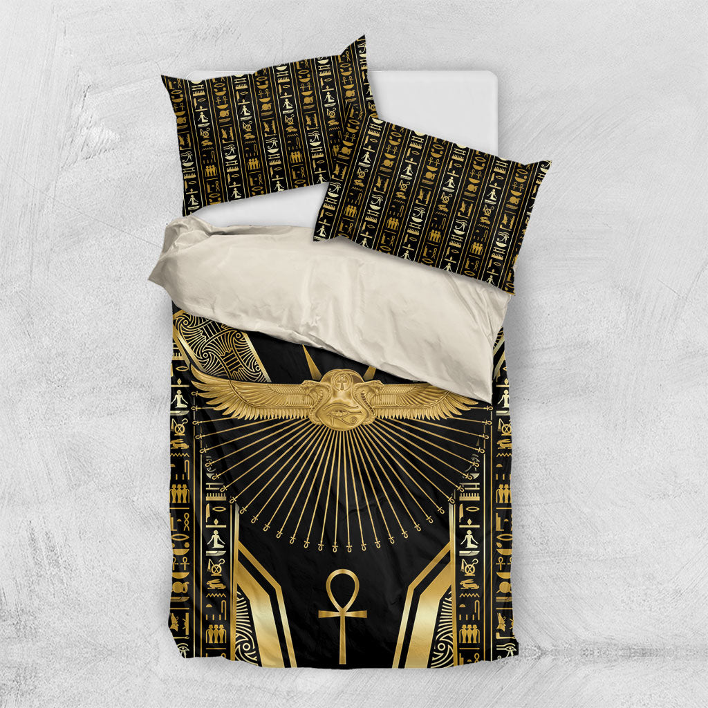 Egypt Winged Sun Bedding Set Ancient Mythology Golden Ankh