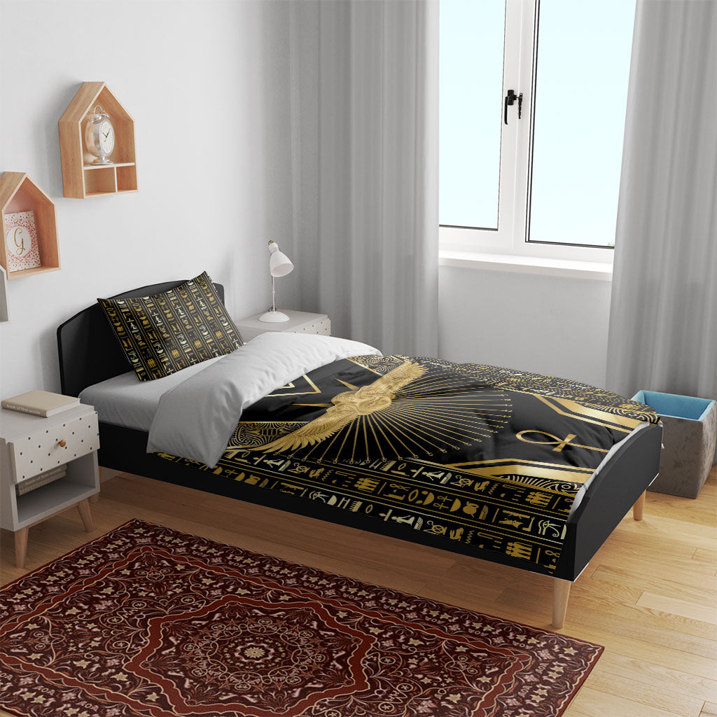 Egypt Winged Sun Bedding Set Ancient Mythology Golden Ankh