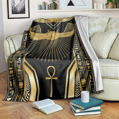 Egypt Winged Sun Blanket Ancient Mythology Golden Ankh