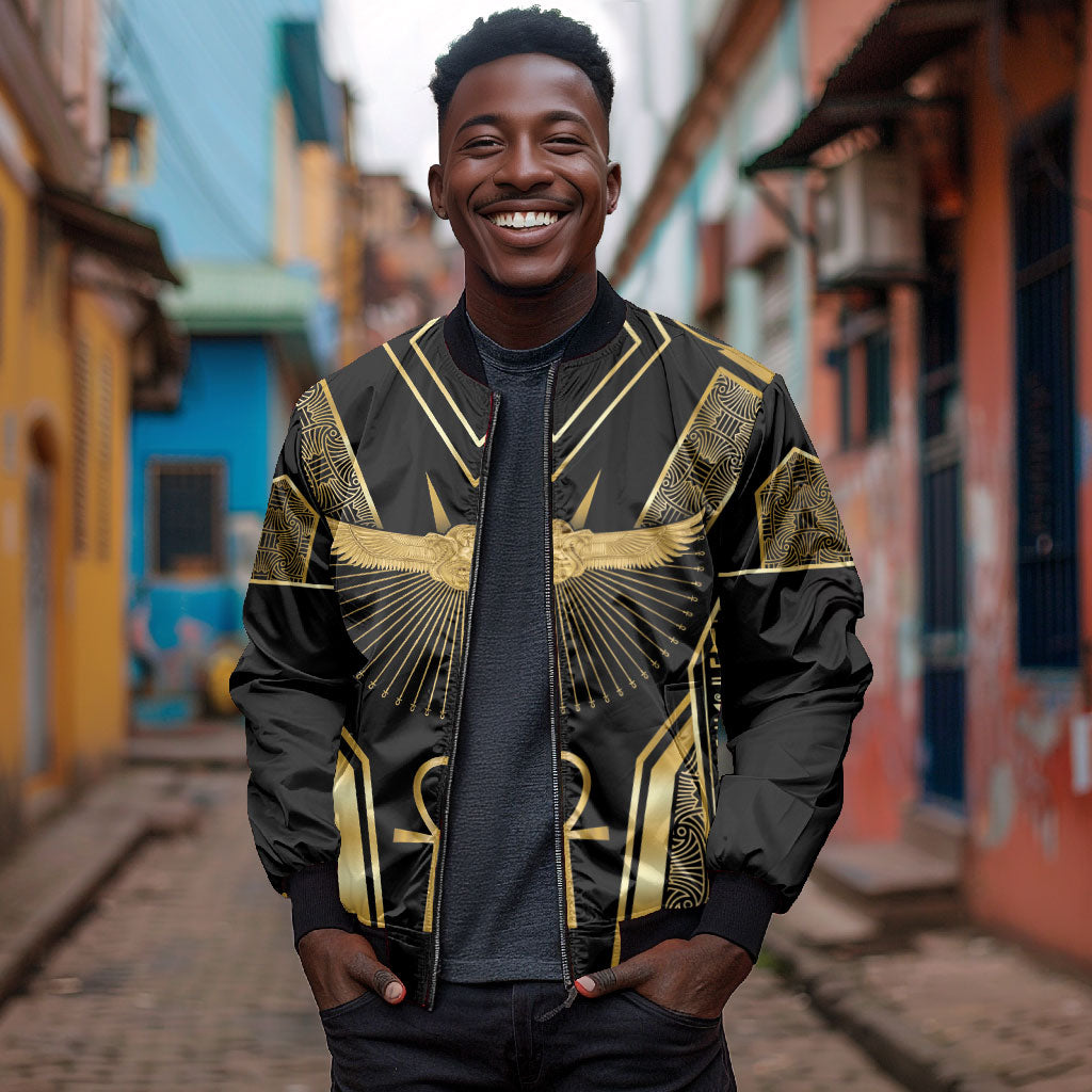 Egypt Winged Sun Bomber Jacket Ancient Mythology Golden Ankh
