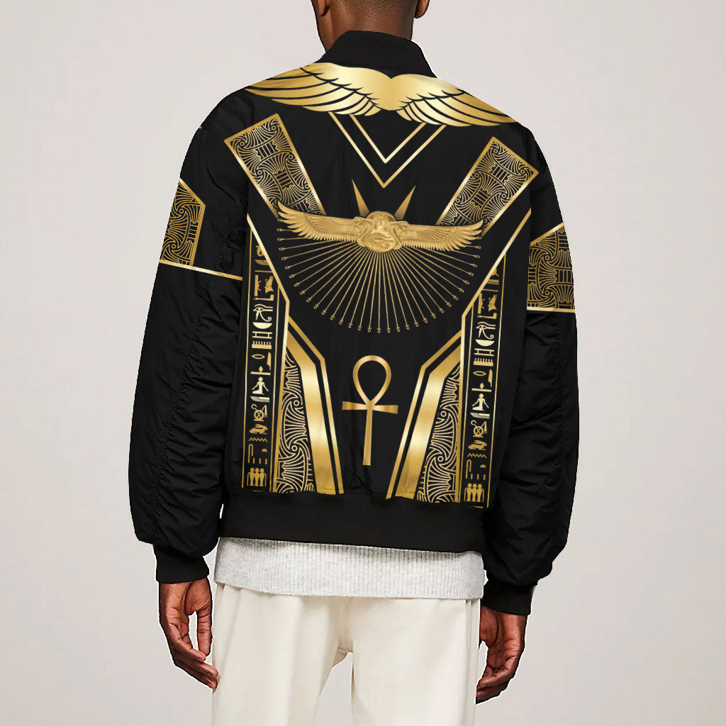 Egypt Winged Sun Bomber Jacket Ancient Mythology Golden Ankh