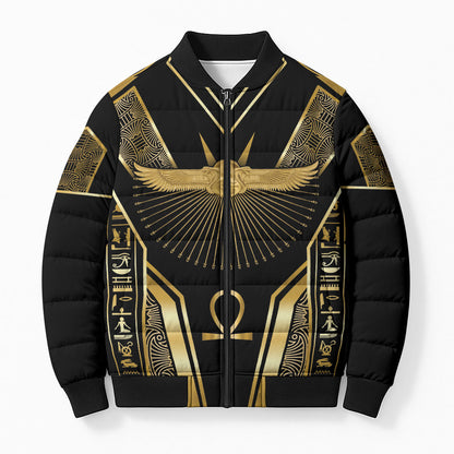 Egypt Winged Sun Bomber Puffer Jacket Ancient Mythology Golden Ankh