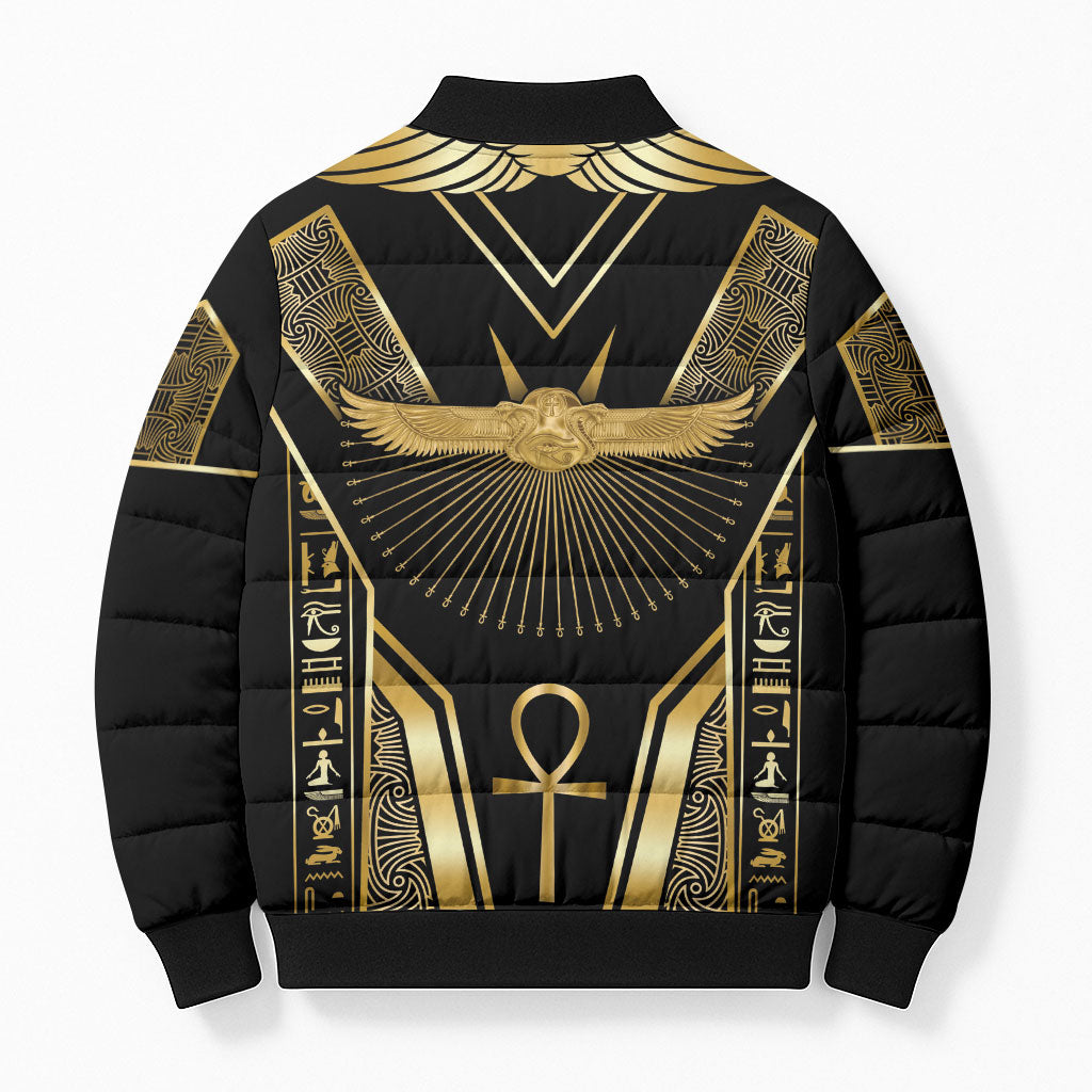 Egypt Winged Sun Bomber Puffer Jacket Ancient Mythology Golden Ankh