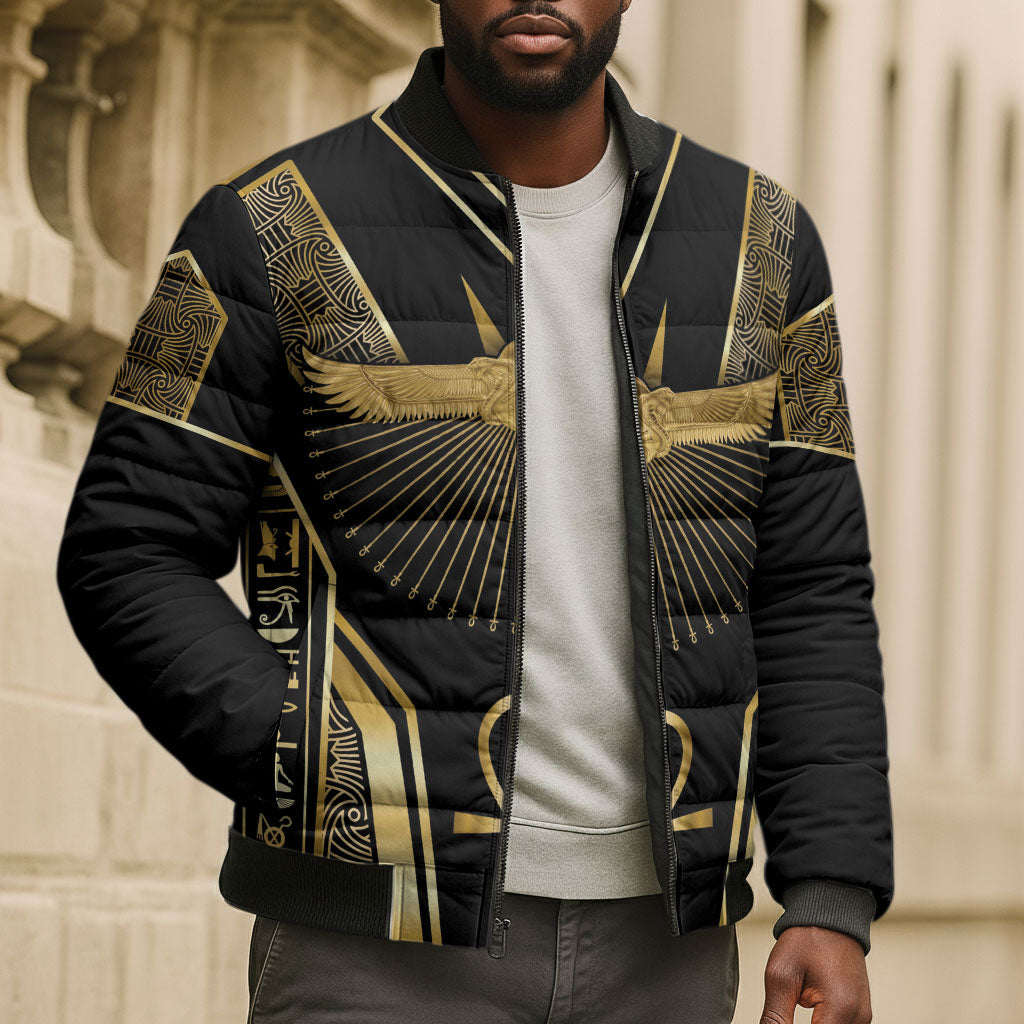 Egypt Winged Sun Bomber Puffer Jacket Ancient Mythology Golden Ankh