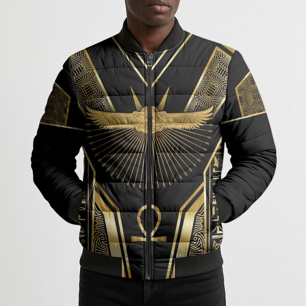 Egypt Winged Sun Bomber Puffer Jacket Ancient Mythology Golden Ankh