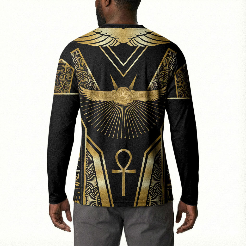 Egypt Winged Sun Button Sweatshirt Ancient Mythology Golden Ankh