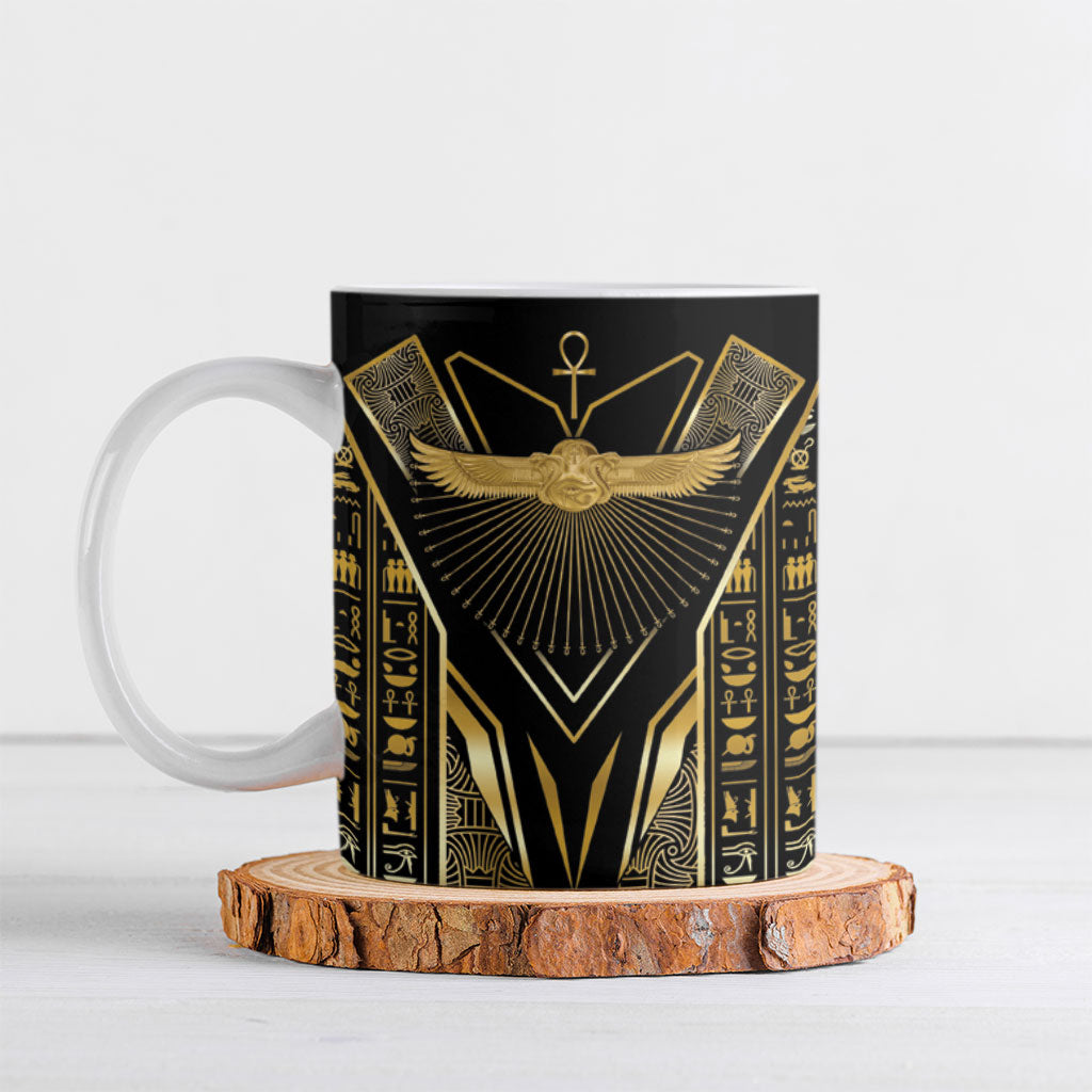 Egypt Winged Sun Ceramic Mug Ancient Mythology Golden Ankh