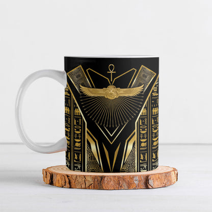 Egypt Winged Sun Ceramic Mug Ancient Mythology Golden Ankh