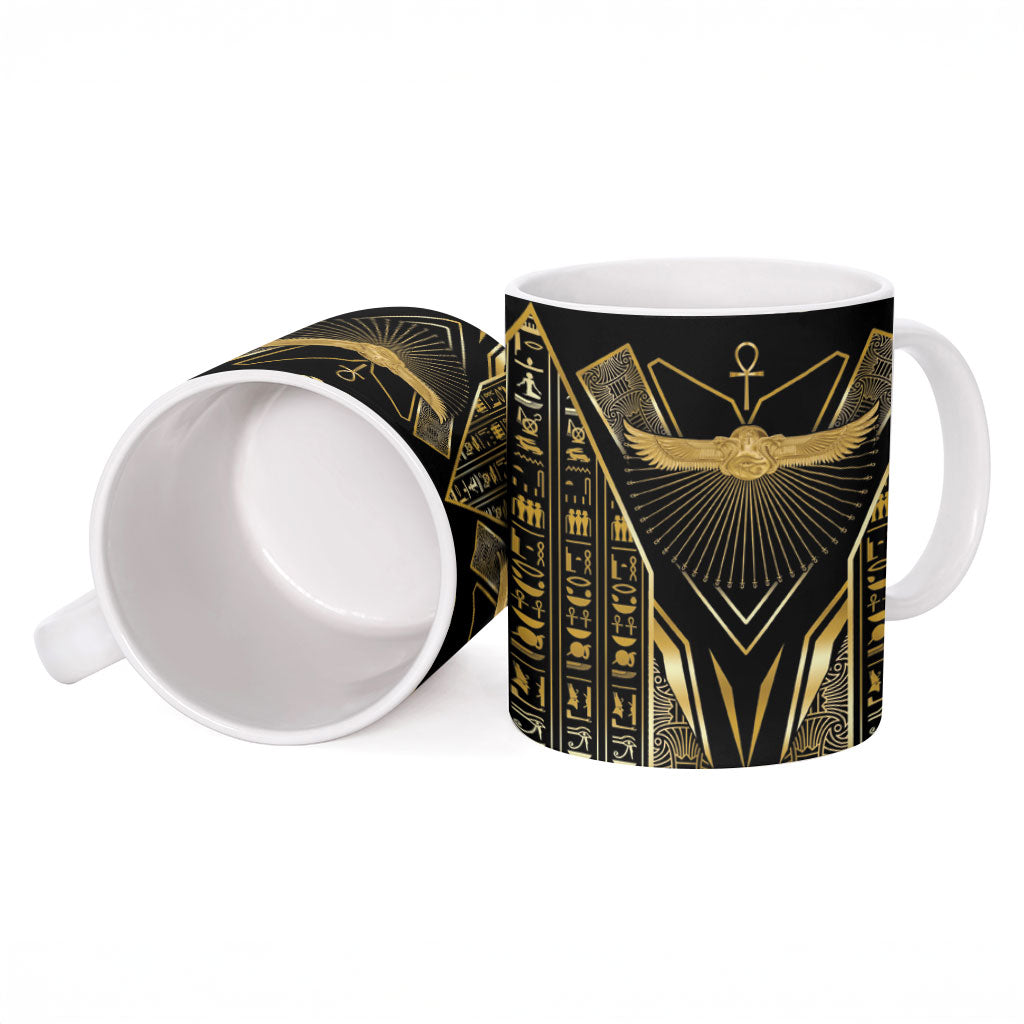 Egypt Winged Sun Ceramic Mug Ancient Mythology Golden Ankh