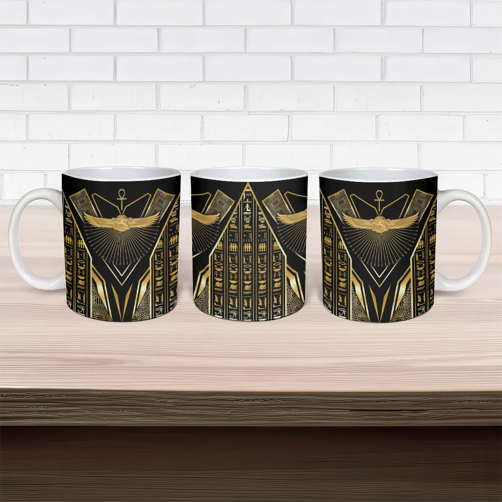 Egypt Winged Sun Ceramic Mug Ancient Mythology Golden Ankh