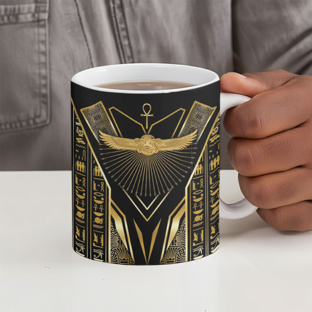Egypt Winged Sun Ceramic Mug Ancient Mythology Golden Ankh