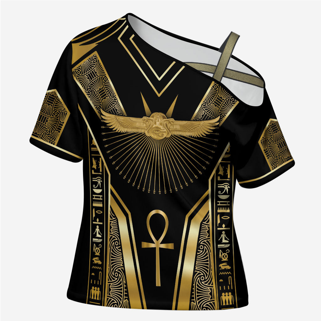 Egypt Winged Sun Cross Shoulder Shirt Ancient Mythology Golden Ankh